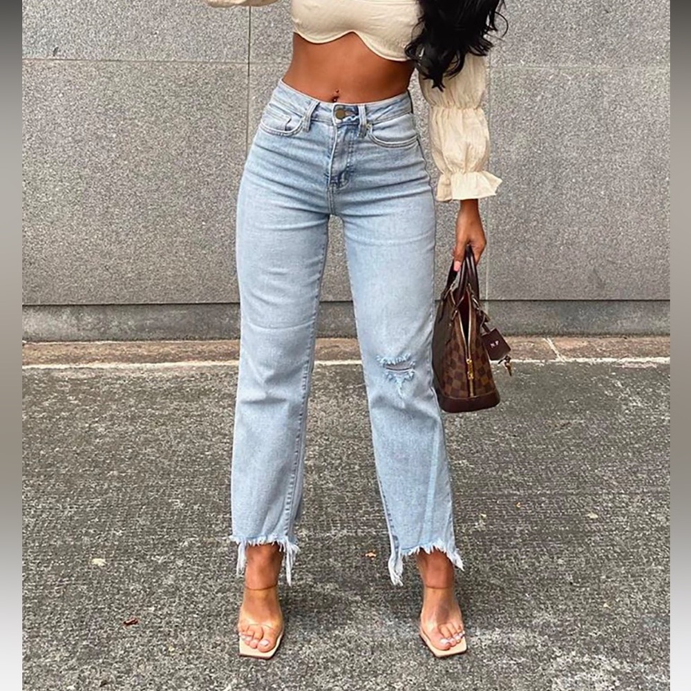 Fashion nova high waisted jeans, light wash denim